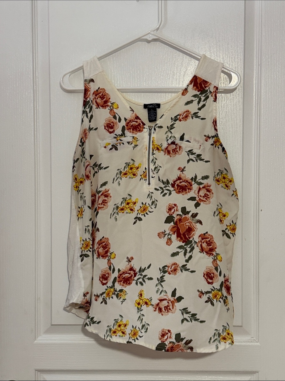 Rue21 Cream Floral Zip Tank with Pink and Yellow Blooms